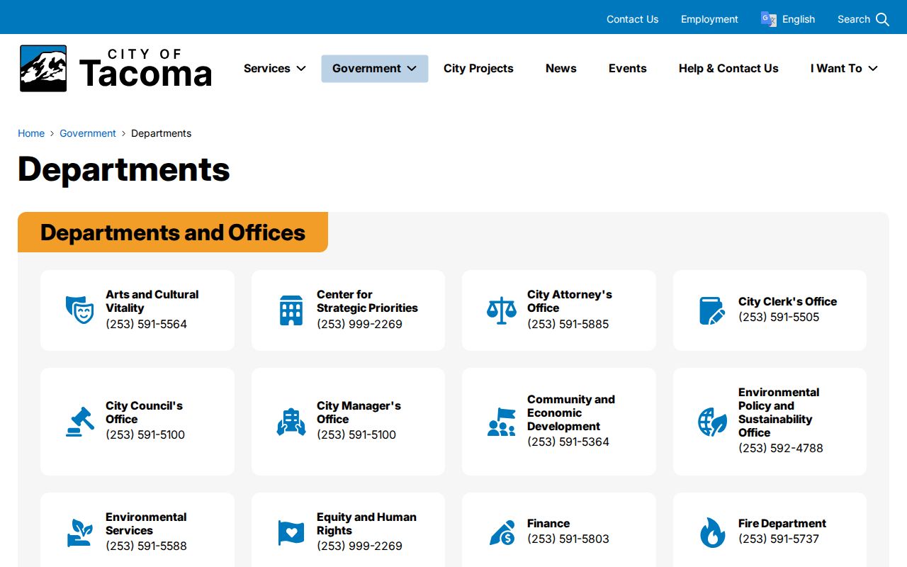 Tacoma people directories page showing official city departments