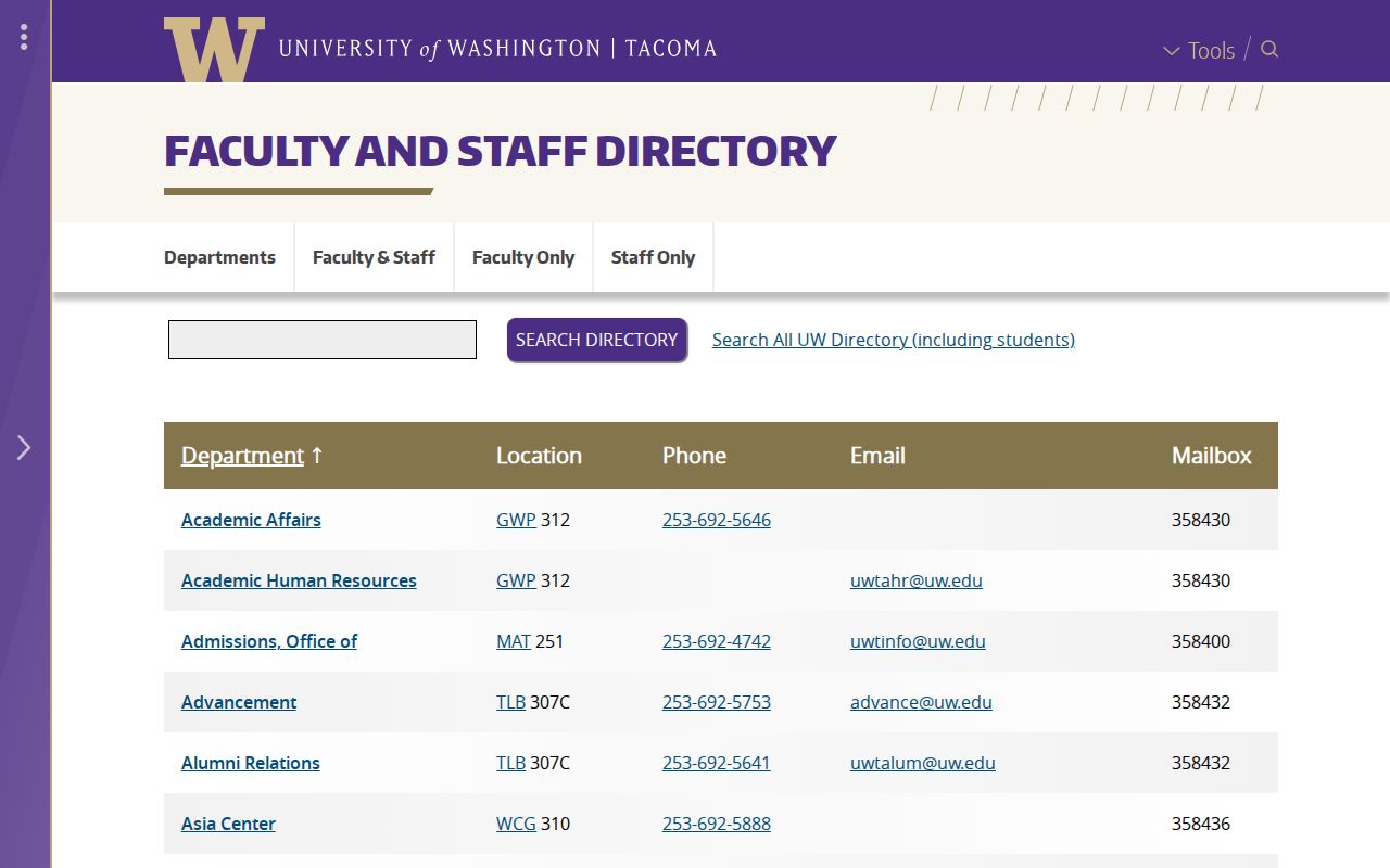 Tacoma people directories view of the UW Tacoma faculty and staff roster