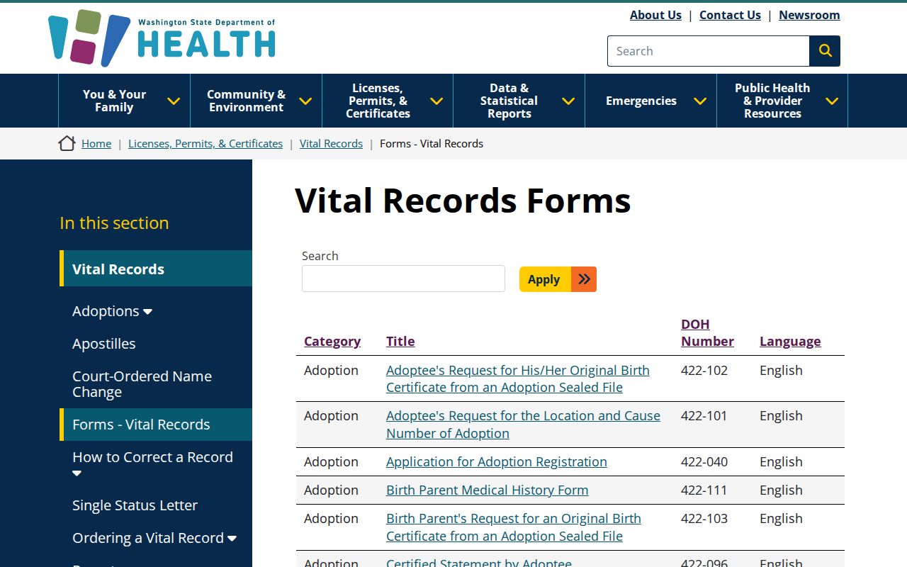 Tacoma public records access through Washington vital record application forms