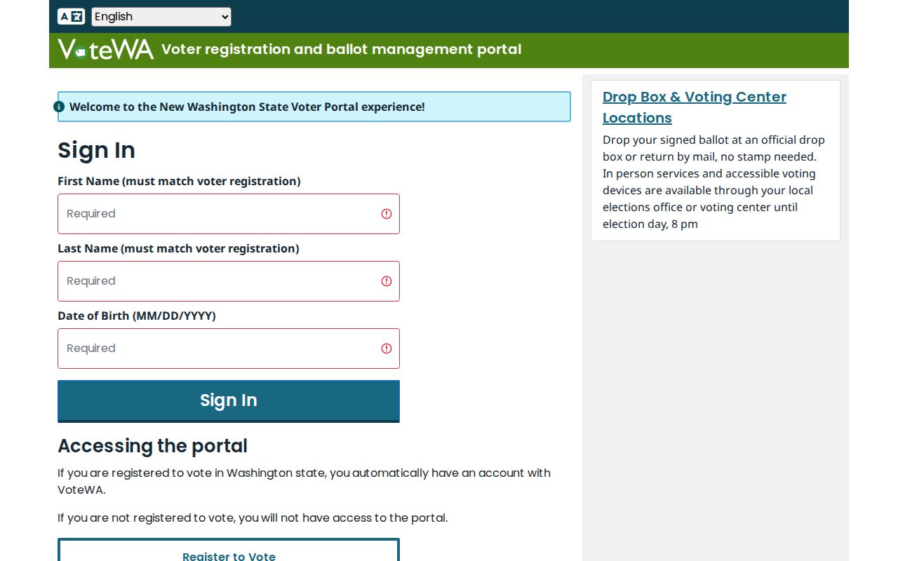 Tacoma voter registration records VoteWA sign-in fields